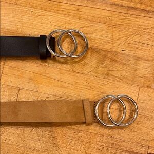 Black and Tan Belts (42 inches) with Gold Double Ring Buckles. Lot of 2